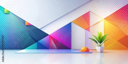 Abstract Geometric Interior Design with Vibrant Colors and Minimalist Plant