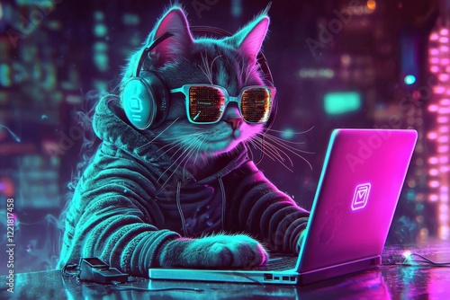 Fototapeta Naklejka Na Ścianę i Meble -  Fusion of abstract art and cyberpunk elements showcasing a cat hacker.