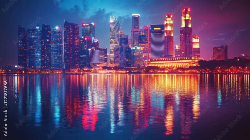 Fototapeta premium Vibrant cityscape at night, reflected in calm water.