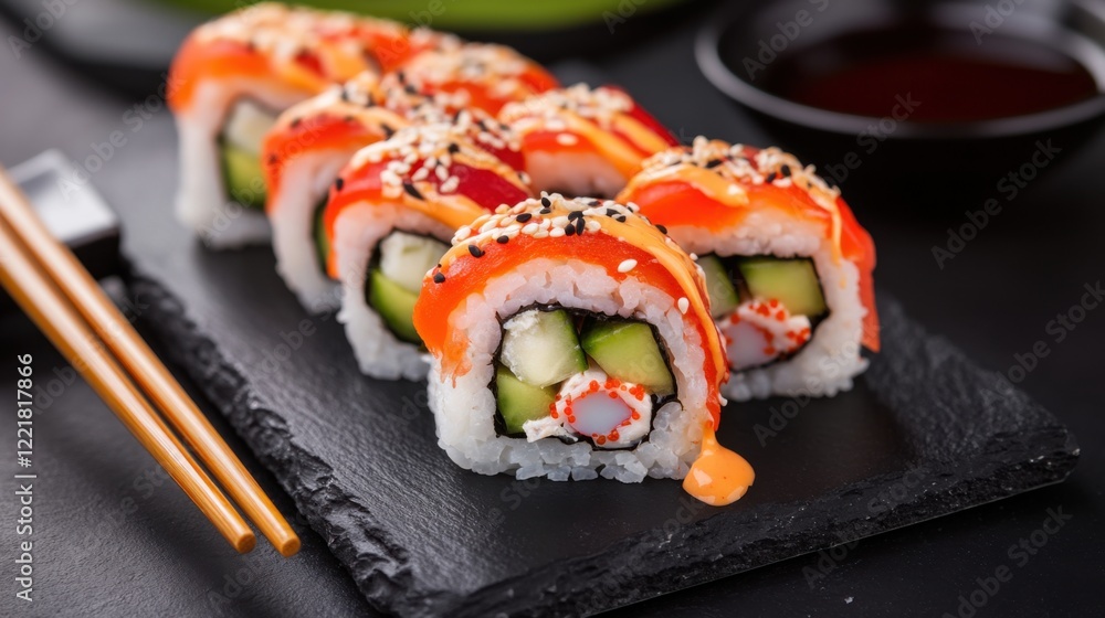 A beautifully arranged sushi roll with avocado, cucumber, and crab A beautifully arranged sushi roll with avocado, cucumber, and crab