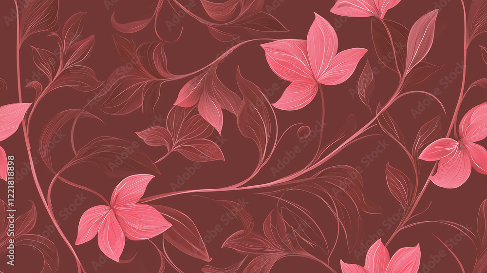 Obraz premium Seamless Floral Pattern with Pink Flowers and Leaves on a Maroon Background