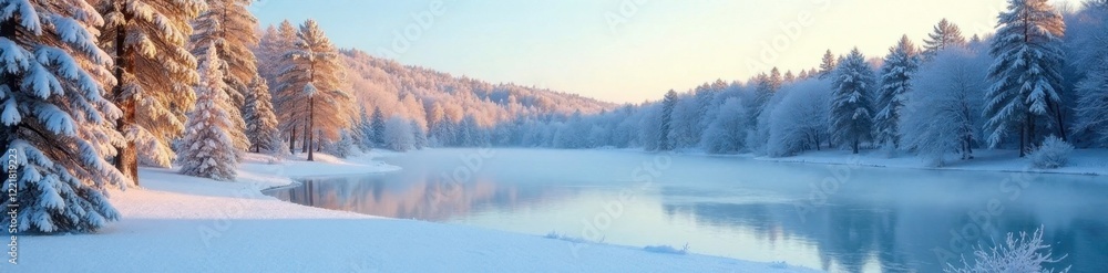 Obraz premium Serene forest landscape with snow-covered trees and a frozen lake in the background, frosty morning, clear sky