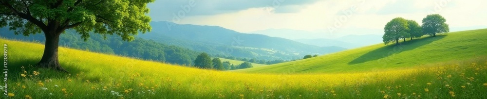 Fototapeta premium Serene hillside landscape with trees and a meadow, wildflowers, scenery