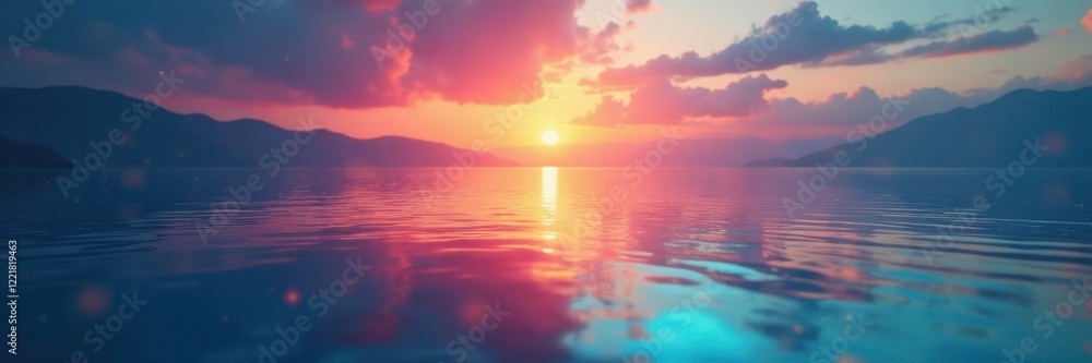 Fototapeta premium Shimmering rainbow colors reflected on a calm body of water, serene, calm, tranquil