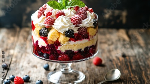 A beautifully layered berry trifle with layers of vanilla sponge cake, mixed berries, and custard