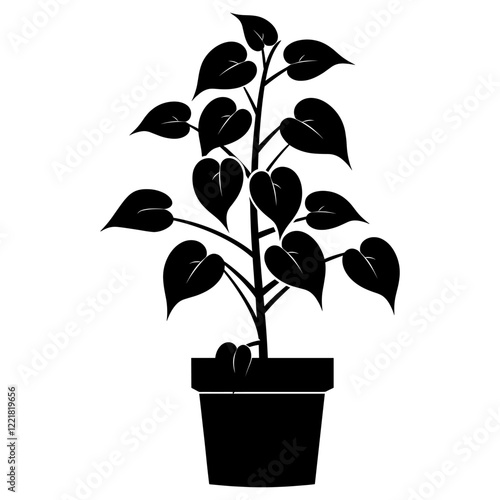 Potted plant with pothos silhouette leaves simple vector