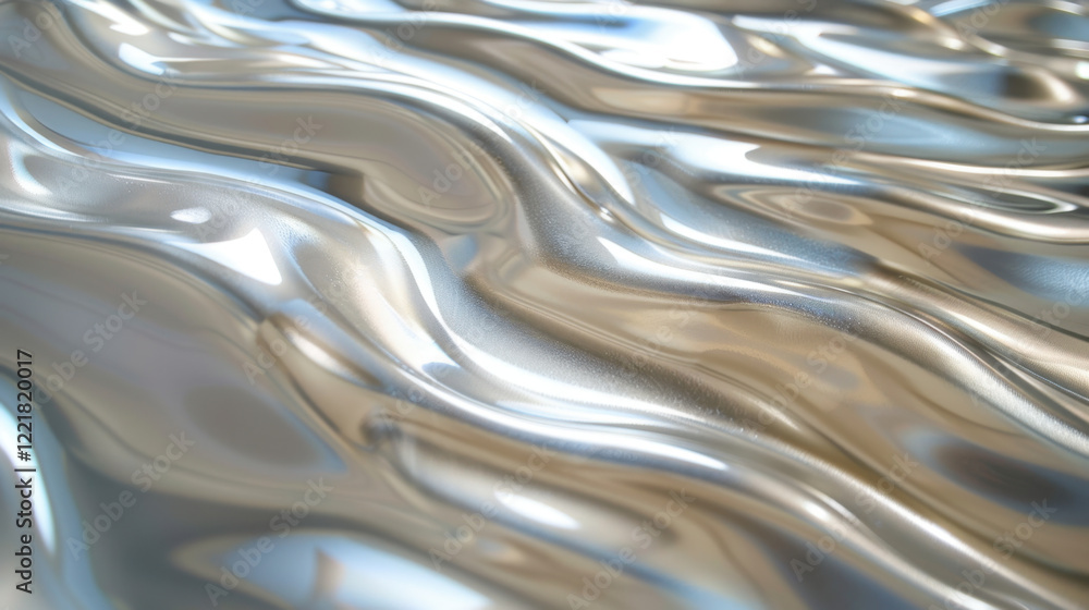 Shiny metallic surface with flowing waves and reflections, creating dynamic visual effect. smooth texture enhances sense of movement and light Shiny metallic surface with flowing waves and reflections, creating dynamic visual effect. smooth texture enhances sense of movement and light