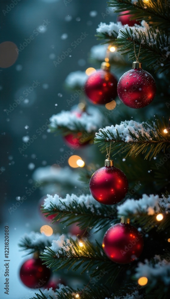 Snow dusted fir tree with red glass ornaments and twinkling string lights, decoration, garland, snowflakes Snow dusted fir tree with red glass ornaments and twinkling string lights, decoration, garland, snowflakes
