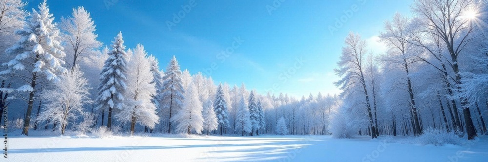 Snowy forest with bare trees against a bright blue sky, snow-covered trees, blue sky Snowy forest with bare trees against a bright blue sky, snow-covered trees, blue sky