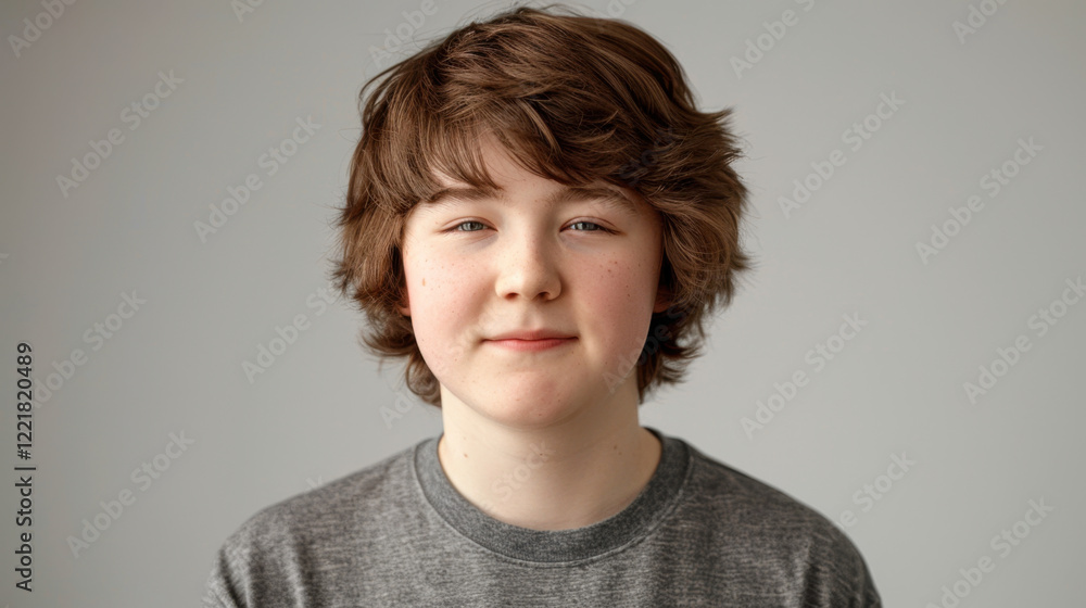 young boy with curly hair wearing gray t shirt, smiling softly against neutral background. His expression conveys calmness and confidence young boy with curly hair wearing gray t shirt, smiling softly against neutral background. His expression conveys calmness and confidence