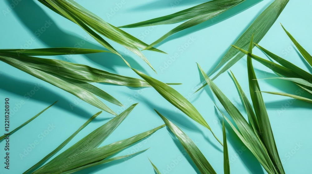 Fototapeta premium Green Leaves Arranged on a Teal Background