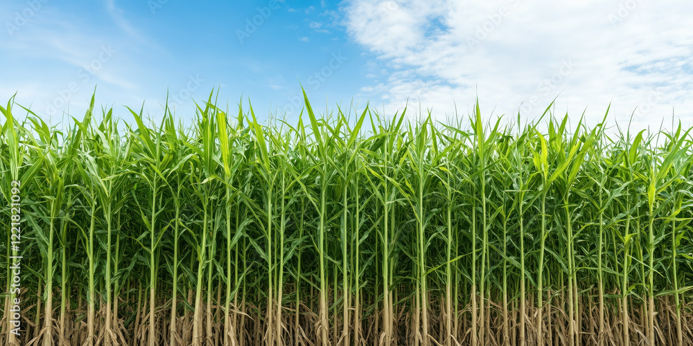 Obraz premium lush sugarcane field under bright blue sky with scattered clouds