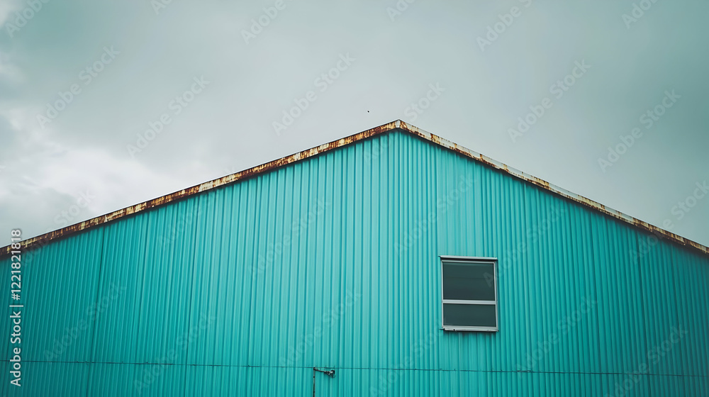 Teal corrugated metal building, overcast sky. Industrial architecture photo for design Teal corrugated metal building, overcast sky. Industrial architecture photo for design