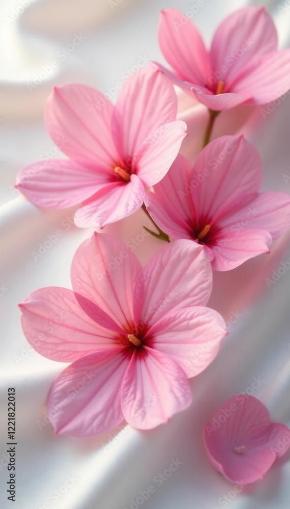 Softly glowing pink petals unfolding on a milky white silk background, flowers, floral Softly glowing pink petals unfolding on a milky white silk background, flowers, floral