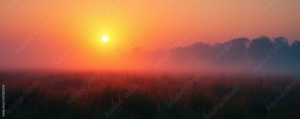 Obraz premium Softly glowing sunrise illuminates the misty landscape of a foggy field, sunrise, softly glowing, illuminated field