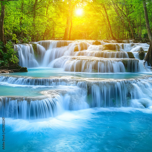 Tropical waterfall, sunlit jungle, serene landscape, nature travel