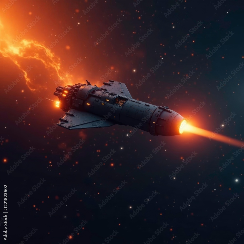Fototapeta premium Spaceship with blazing orange lights illuminating the dark of space, light, starlight, spacecraft