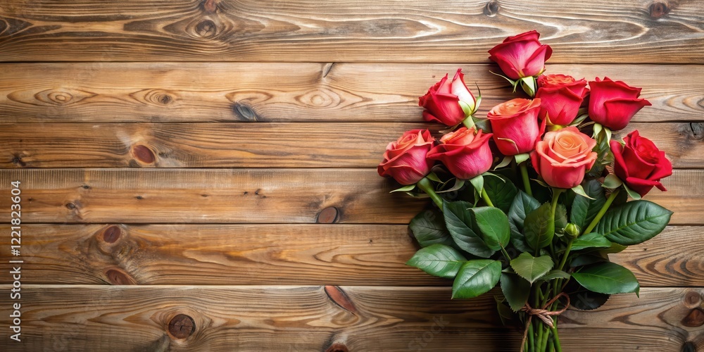 Romantic red rose bouquet on rustic wooden surface Romantic red rose bouquet on rustic wooden surface