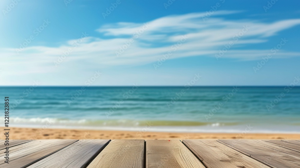 Naklejka premium Scenic beach view with wooden deck, calm ocean, and clear sky Perfect for summer relaxation or travel concepts