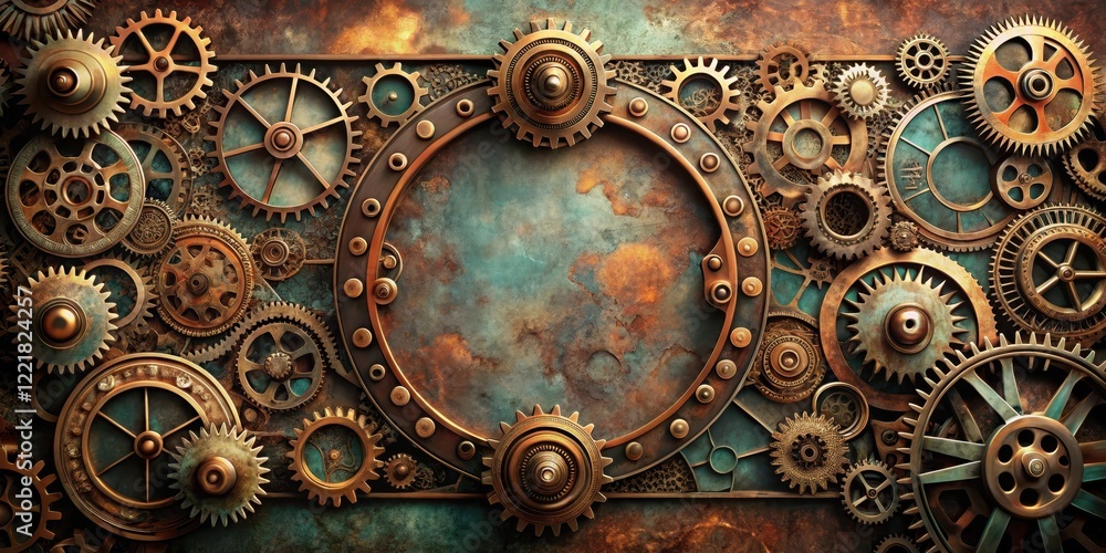 Intricate Steampunk Gear Mechanism with Rustic Metal Background and Central Circular Frame Intricate Steampunk Gear Mechanism with Rustic Metal Background and Central Circular Frame