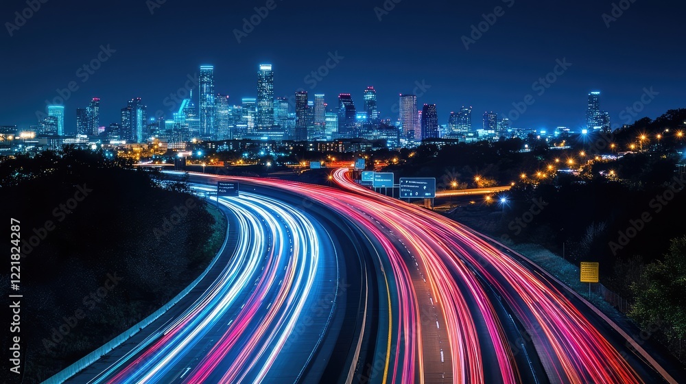 Obraz premium A wide freeway curving through a futuristic urban skyline, sleek architecture and dramatic lighting