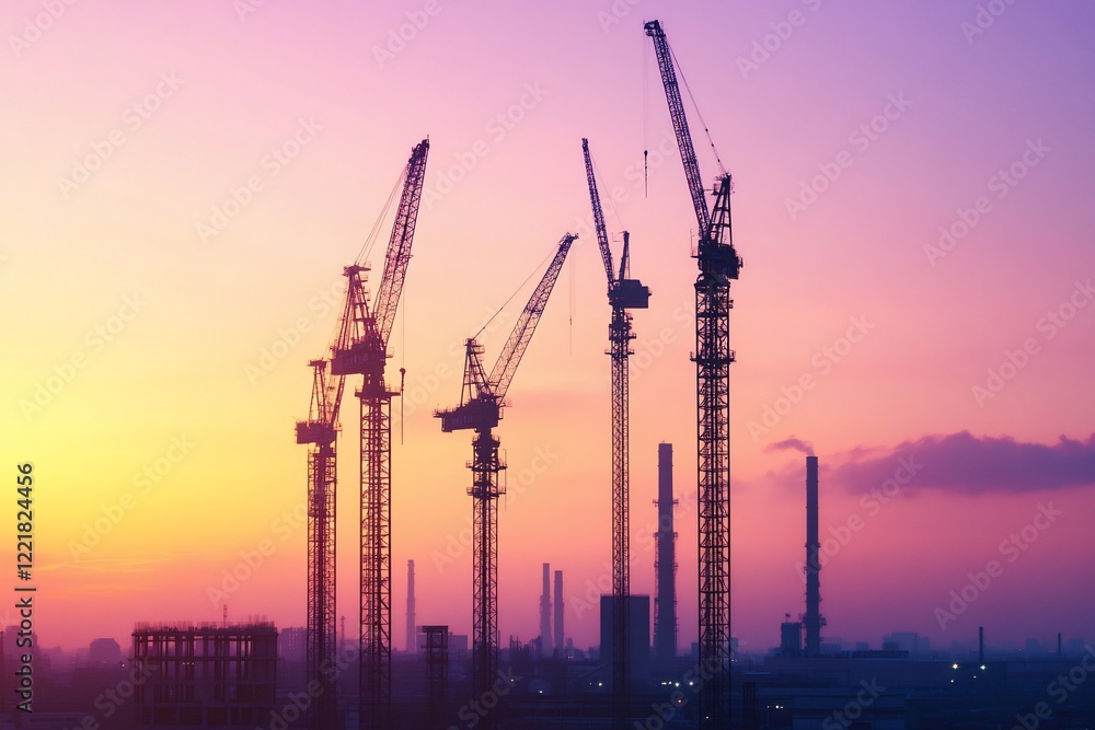 Construction site sunset; cranes, industry Construction site sunset; cranes, industry