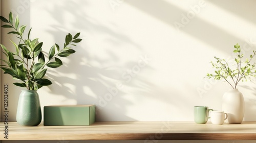 17.A bright and inviting product mockup featuring a wooden countertop, a sleek green podium, a backdrop of creamy white walls, and accents like a vase, a mug, and leafy plants. photo