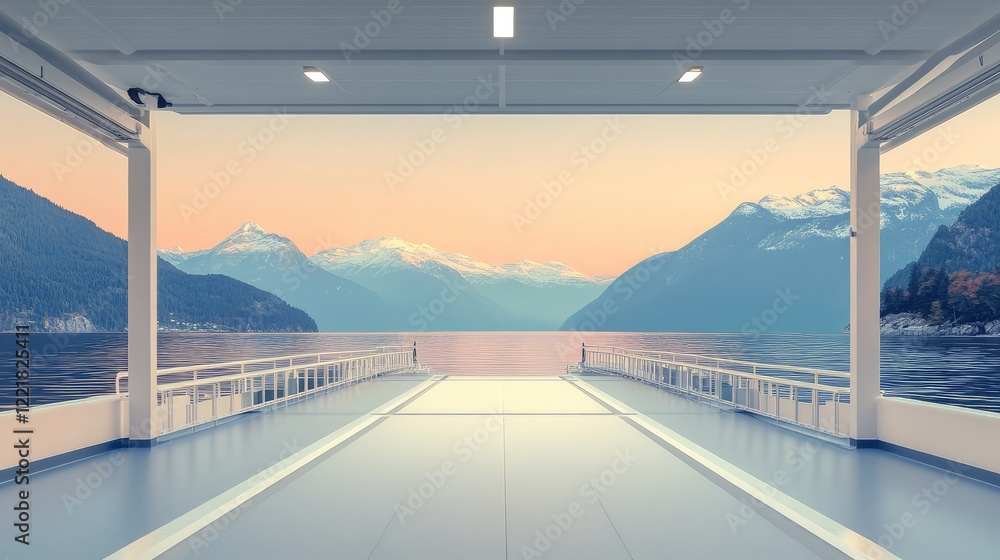 Fototapeta premium Empty ferry dock with calm sea water, minimalist design, and pastel-toned sky creating a tranquil scene