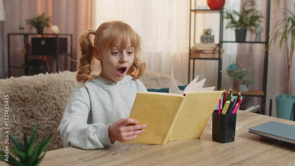 Young girl exploring dinosaur pictures in a book at home, reacting with excitement and imitating a roar. Caucasian child enthusiastically waving hands, expressing joy and fascination during her play. Young girl exploring dinosaur pictures in a book at home, reacting with excitement and imitating a roar. Caucasian child enthusiastically waving hands, expressing joy and fascination during her play.