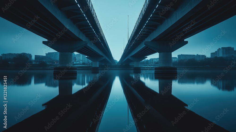 Empty highway bridge over a wide river, clean lines and modern architecture with reflections on the water below Empty highway bridge over a wide river, clean lines and modern architecture with reflections on the water below
