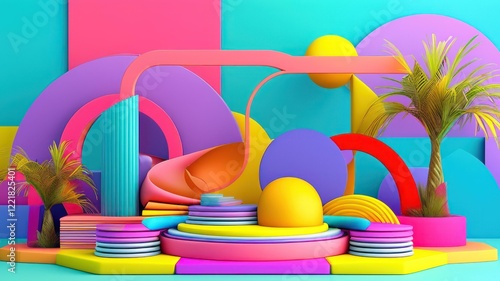 Colorful abstract 3D design featuring playful geometric shapes and tropical elements, ideal for modern decor or artistic projects photo