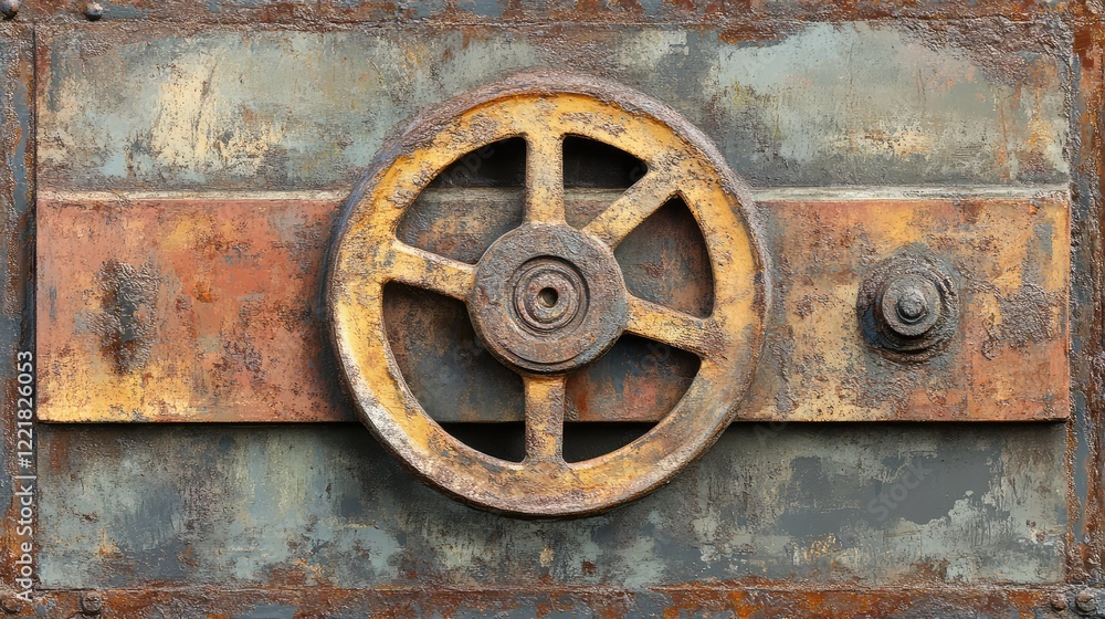 Industrial train wheel detail on a rusted rail, rugged textures and minimalist design elements Industrial train wheel detail on a rusted rail, rugged textures and minimalist design elements