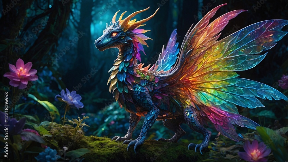 Fototapeta premium Rainbow Dragon in Enchanting Forest: A dazzling rainbow dragon, with iridescent scales and wings, perches gracefully on a mossy log in a mystical forest, surrounded by blooming purple flowers.