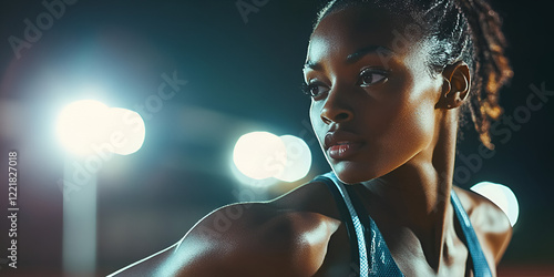 Focused female athlete under stadium lights, Determined runner preparing for a track event at night  
 photo