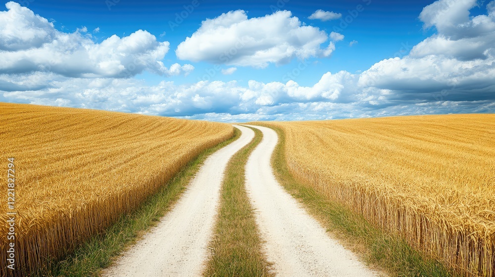 Overhead shot of a lonely country road splitting a golden wheat field, symmetrical composition with space for copy Overhead shot of a lonely country road splitting a golden wheat field, symmetrical composition with space for copy