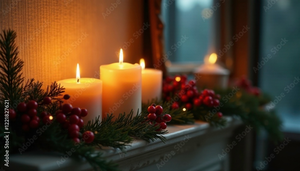 warm candlelight on a decorated mantel with pine branches and red berries, berries, warm, pine warm candlelight on a decorated mantel with pine branches and red berries, berries, warm, pine