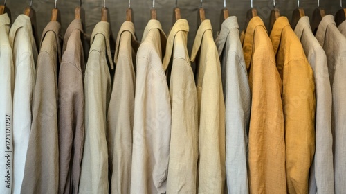 Neutral-toned linen shirts hanging on a rack. photo