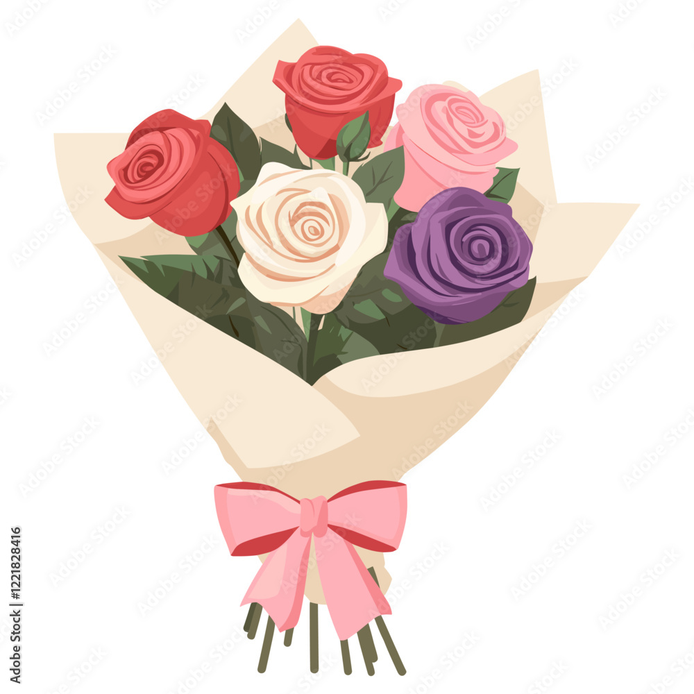 Fototapeta premium Roses wrapped in paper and ribbon illustration arrangement graphics vector