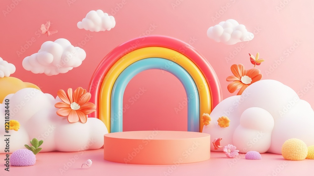 21.A playful summer-themed display featuring a colorful podium surrounded by floating clouds, a vivid rainbow, and cheerful summer details in a clean 3D-rendered style. 21.A playful summer-themed display featuring a colorful podium surrounded by floating clouds, a vivid rainbow, and cheerful summer details in a clean 3D-rendered style.