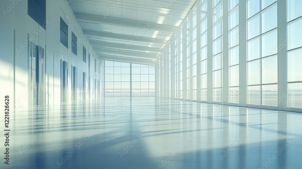 Vast airport terminal interior with an empty concourse, clean modern design, high ceilings, and lots of natural light Vast airport terminal interior with an empty concourse, clean modern design, high ceilings, and lots of natural light