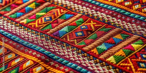 Vibrant Textile Close-Up Showing Intricate Geometric Patterns and Colorful Threadwork