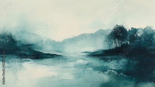 Serene Teal Landscape With Misty Mountains and Trees
