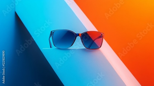 4.A close-up view of shiny blue sunglasses resting on a minimalist white staircase, framed by sharp angles and vivid color blocks of orange and blue in the background. photo