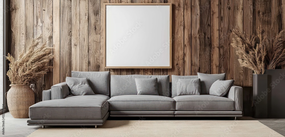 Minimalist decor with blank frame, wooden accents, and patterned pillows for warmth. Minimalist decor with blank frame, wooden accents, and patterned pillows for warmth.