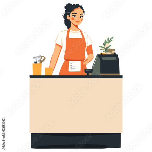 Woman cashier with apron illustration counter wearing vector