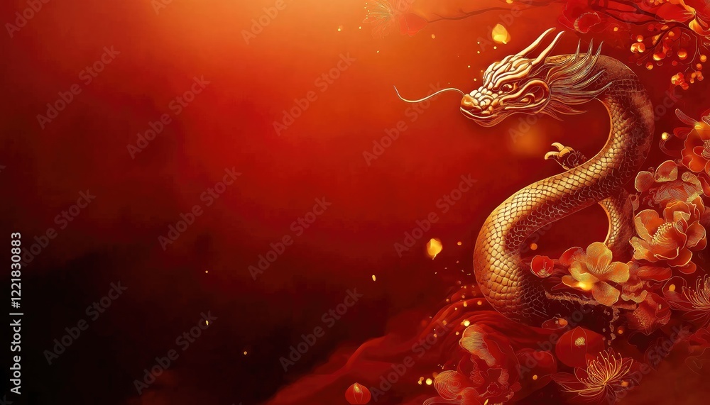 Fototapeta premium Lunar New Year Golden Dragon with Blossoms on Red Gradient Background
