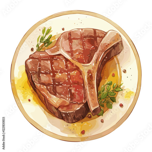 T-bone grilled steak on plate illustration watercolor food vector