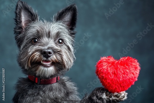 Ad visual idea. Cairn terrier - my beloved dog. Cute cairn terrier pooch with fluffy red heart - sign of love, funny greeting card. Pet love. Friendship with pets. Heart and pet photography. photo