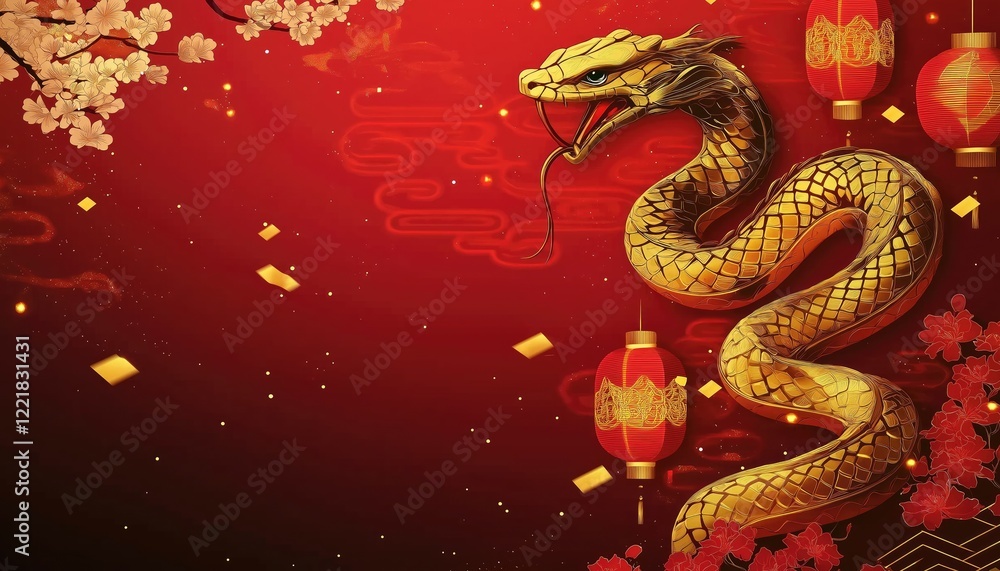 Fototapeta premium Lunar New Year Golden Snake Celebration with Lanterns and Flowers