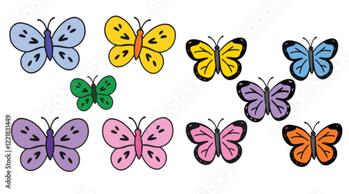 A whimsical set of minimalist butterfly illustrations (monarch, blue, yellow, pink, and purple) in pastel hues. Isolated on a white background